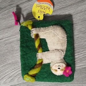 Green Sloth Pouch with Pink Flower 100% Wool